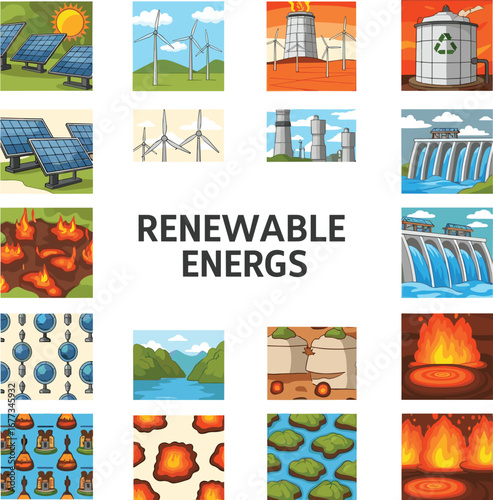 Renewable energy sources displayed. Solar, wind, hydro, geothermal power. Sustainable energy, clean power, eco-friendly, earth, environment, ecology