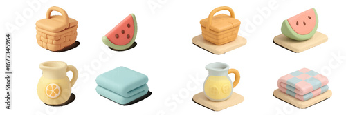 Colorful picnic accessories made from polymer clay arranged on a light surface in a vibrant display of summer fun
