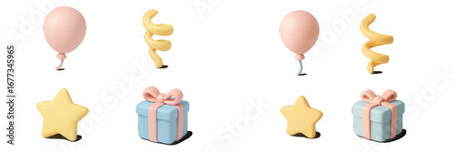 Colorful balloons, stars, and gifts arranged artistically for a festive celebration