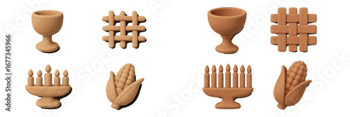 Clay pottery and decorative objects displayed on a wooden surface in a warm-toned setting