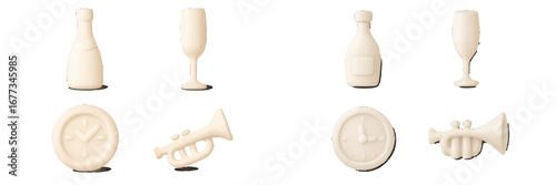 Various simple objects including glasses, bottles, and a trumpet arranged on a clean background