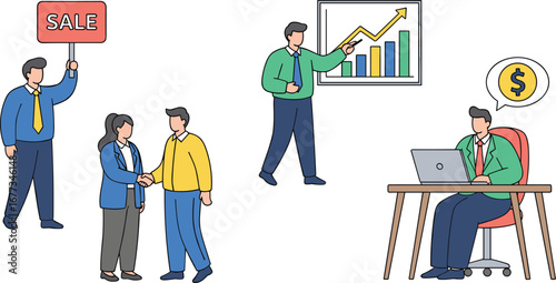 Business people work on sales and deals. Teamwork, investment, success, management, negotiation, selling, conference, meeting, collaboration, leadership, strategy