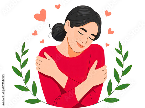 Serene woman embraces self-love surrounded by delicate hearts and foliage on calming white background