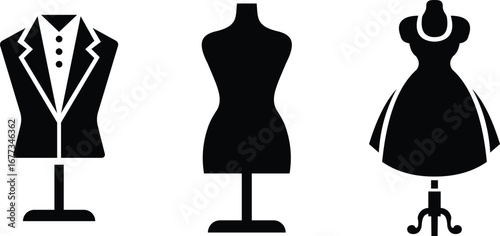 Black mannequin dress form icon set, tailoring dummy vector collection and fashion design tool group style, includes sewing torso, clothing display, garment stand