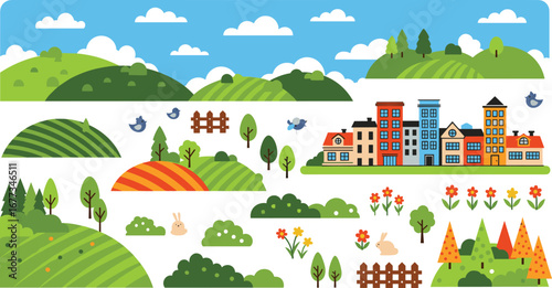 Cute cartoon landscape illustration. Countryside town, nature scenery, countryside, rural, farm, village, idyllic, happy, green hills.