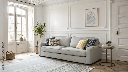 Modern living room design ideas with gray sofa and decorative pillows in a bright white interior space