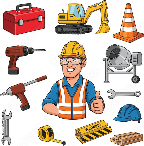 Cartoon construction worker gives thumbs up around tools and equipment. Construction, safety, industry, engineering, building, labor, skilled, professional, craftsman