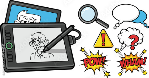 Artist drawing angry cartoon on tablet. Cartooning, vector illustration, comic art, graphic design, digital drawing, creativity, artist studio, sketching, comic book.