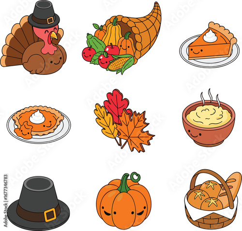 Thanksgiving icons of food and fall imagery. Holiday, feast, cartoon, autumn, harvest, tradition, celebration, dinner