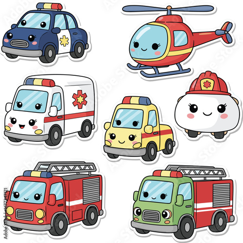 Cute cartoon emergency vehicles with sweet faces. Kids illustration, transportation, rescue services, children's design, kawaii style, vector, cartoon vehicles.