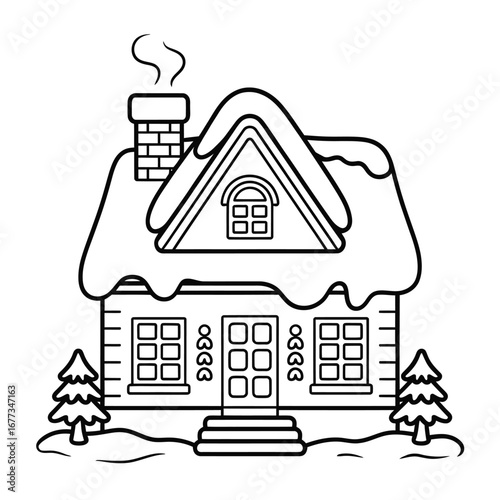 Charming snow covered house with chimney smoke and christmas trees