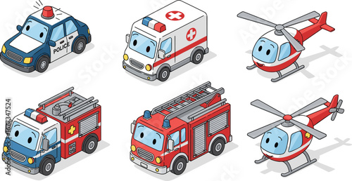 Cartoon emergency vehicles illustration, police car, ambulance, fire truck, helicopter. First responders, emergency service, transport, childhood, safety, healthcare.
