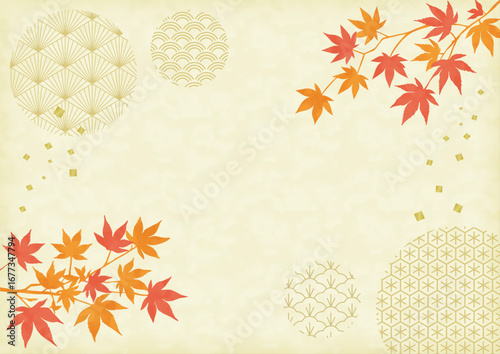オレンジ、赤の紅葉と和柄の背景_横