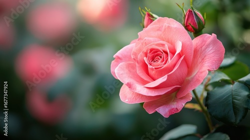 A pink rose with green leaves in a garden setting.