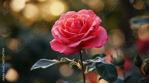 A single pink rose in full bloom with green leaves in a garden setting.
