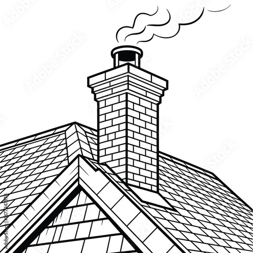 Black and white illustration of a brick chimney on a shingled roof with smoke rising