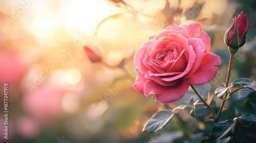 A pink rose in full bloom with a blurred background, set against a warm, golden light.