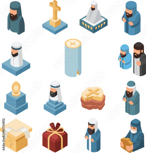 Isometric religious icons and figures shown. Religion, faith, christianity, islam, spirituality, icons, symbol, holy, belief, culture, prayer, worship