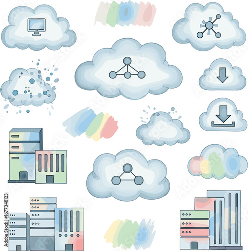 Illustration shows cloud computing architecture. Cloud network, data storage, technology, digital, internet, server, database, system, communication.
