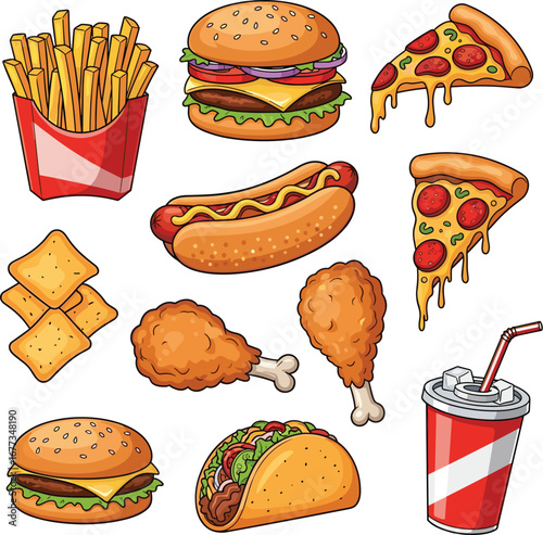 Cartoon fast food assortment. Classic burger, pizza, fries, and hot dog. Junk food icons, takeout food, comfort food, unhealthy eating, fast food concept