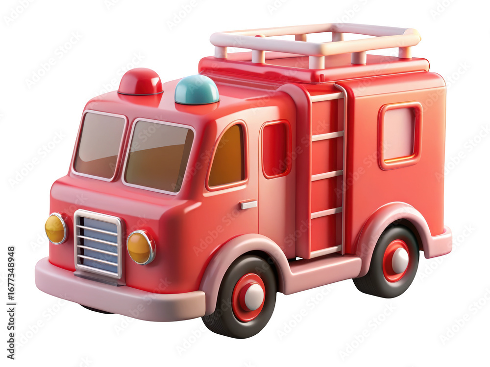 Fototapeta premium Cartoonish firetruck render with ladder and sirens,glossy red toy vehicle 3d illustration isolated on transparent background