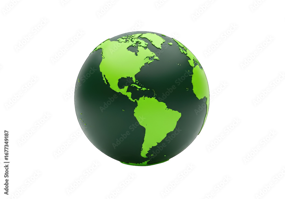 Obraz premium Green Earth Globe 3D Rendering, North and South America on Transparent Background