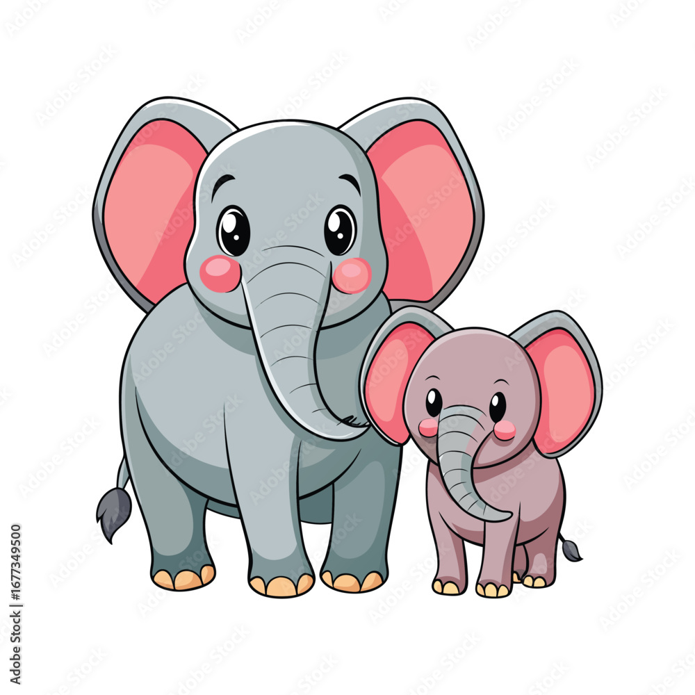 Obraz premium Adorable cartoon baby elephant and mother elephant together cute african wildlife family art