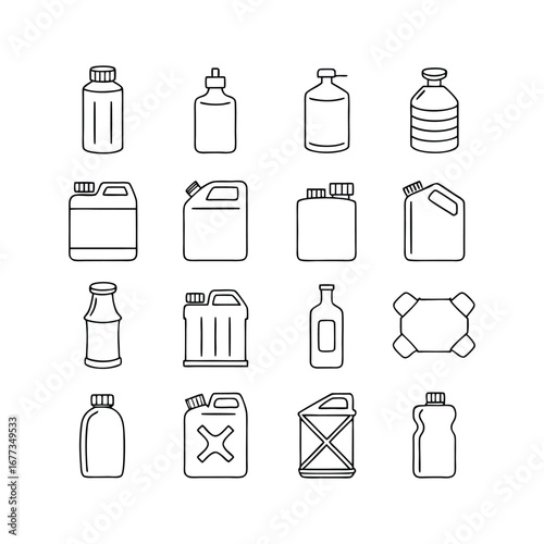 Collection of line art icons featuring various types of containers and bottles for liquid storage