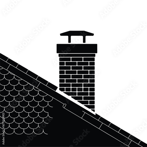 Black and white silhouette of a brick chimney on a shingled roof