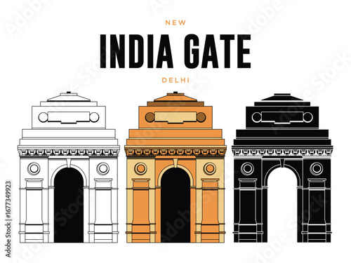 New Delhi India Gate Monument Vector. Outline, Color, and Silhouette
