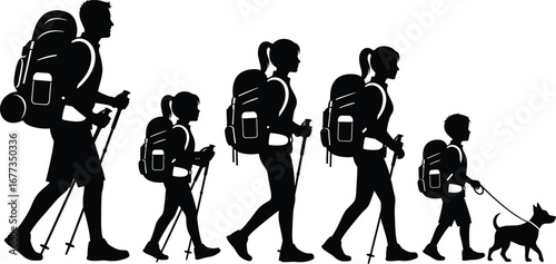 Silhouette illustration of family hiking with backpacks and walking sticks, including parents, children, and dog, enjoying outdoor adventure together.