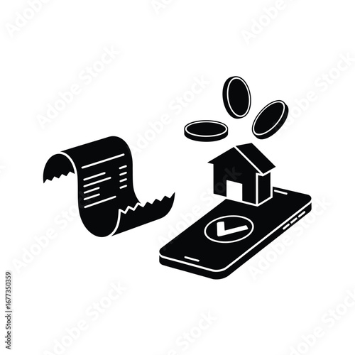 Digital payment for a house with a receipt and coins