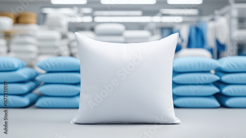 Pillow factory, Pillow cutting and stitching process captured in high detail, showcasing craftsmanship in textile production.