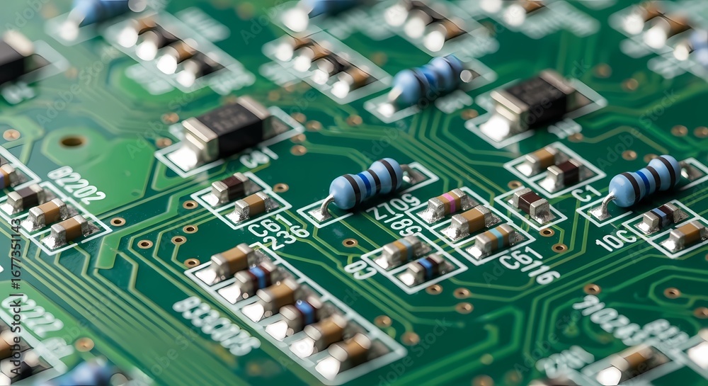 Obraz premium Close-up view of a green printed circuit board with numerous electronic components including resistors and surface-mount devices.