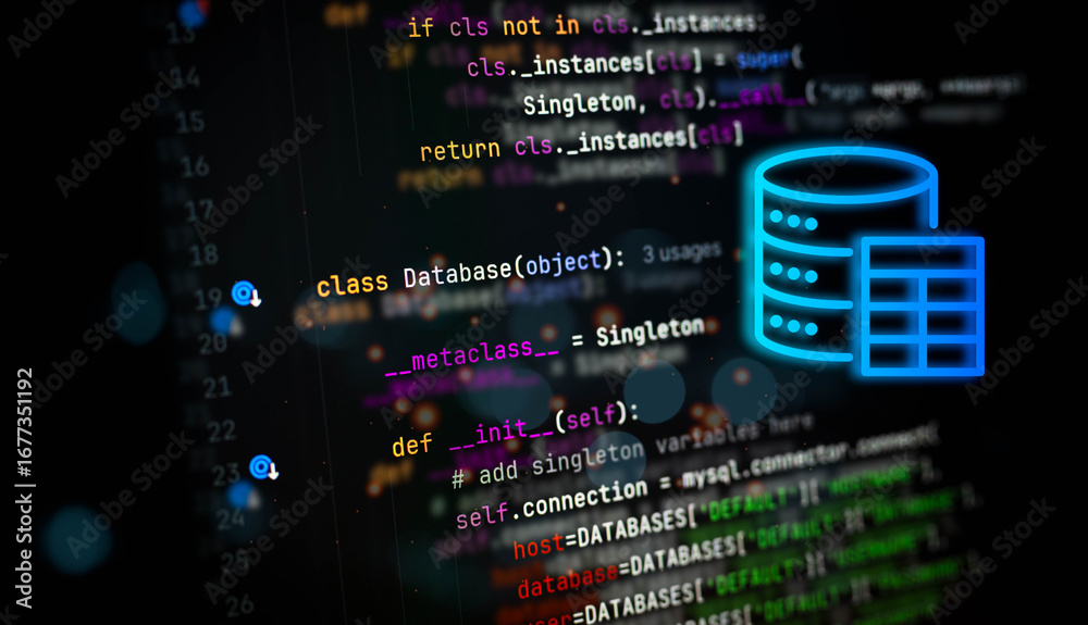 Obraz premium Python code for database connection with glowing neon database icon, symbolizing backend development, data engineering, and software infrastructure on a dark screen background.
