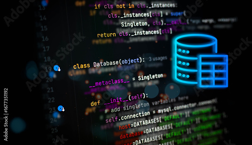 Obraz na płótnie Python code for database connection with glowing neon database icon, symbolizing backend development, data engineering, and software infrastructure on a dark screen background