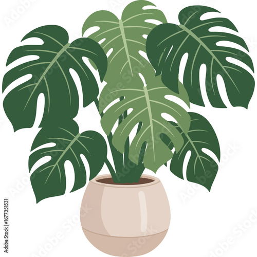 A beautiful and detailed cartoon illustration of a lush green monstera deliciosa plant with its iconic large, perforated leaves, presented in a simple, neutral-colored ceramic pot, perfect for interio