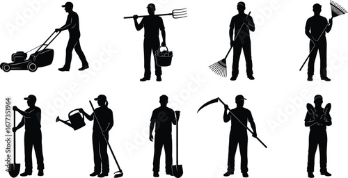 Silhouette illustration of male gardeners using tools like shovels, rakes, and watering cans during various outdoor gardening tasks.