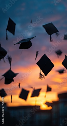 Silhouetted graduation caps tossed joyfully against a vibrant sunset backdrop, signifying achievement and new beginnings
