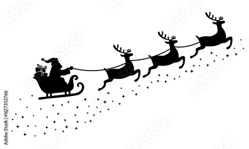 Vector Christmas black and white illustration with Santa Claus riding his sleigh pulled by reindeers.