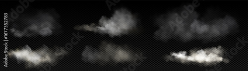 Fog, smoke, white smog clouds on the floor, morning fog over the ground or water surface, perspective. Created by Grid toll, transparent Realistic 3D vector.