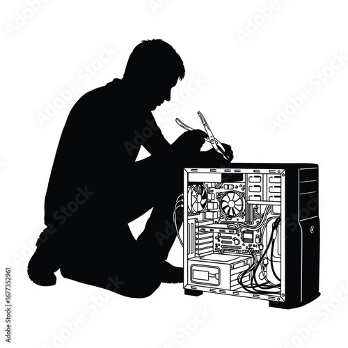 Silhouette of a man repairing a computer tower with pliers vector illustration
