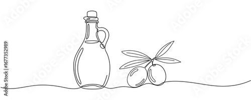 Continuous one line drawing of olives with leaves and Virgin olive oil in the glass bottle line art drawing vector illustration, Olive oil in continuous line art drawing style. Glass bottle jug oil. E