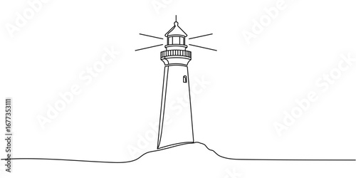 Line drawing of lighthouse tower. Simple illustration of castle hill tower, sea coast line art vector illustration Editable stroke