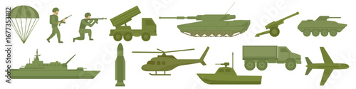 Set of military equipment. Military transport, army vehicles and war equipment, vector flat icons. Military tank, plane, submarine and helicopter, army artillery, combat weapon and wartime ammunition 