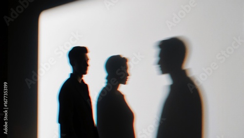 Three anonymous figures casting colorful shadows on a wall.