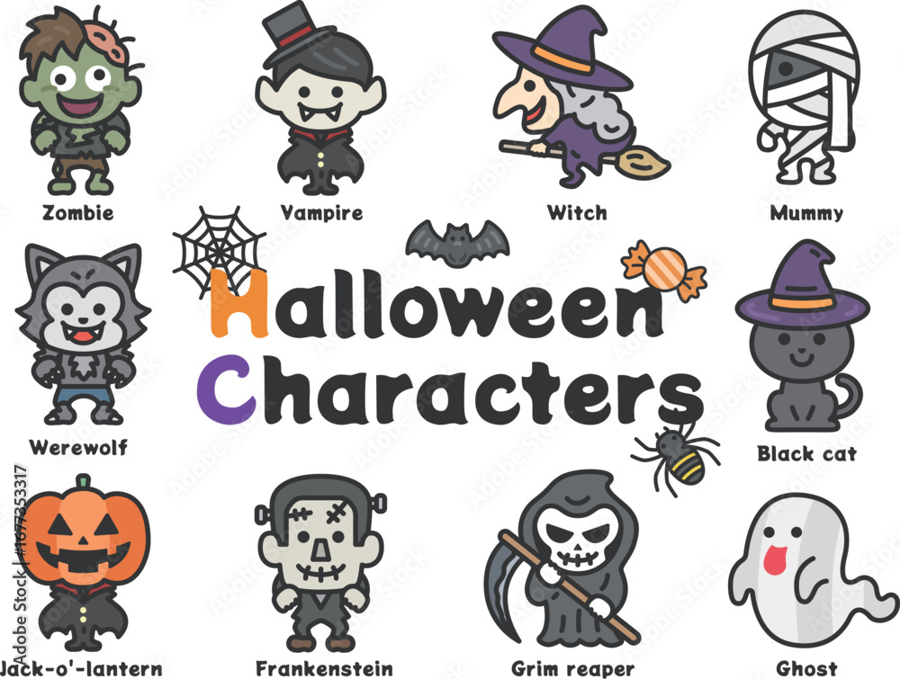 Obraz premium ハロウィンのキャラクターアイコン（線画カラー）のイラストセット