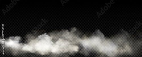 Fog, smoke, white smog clouds on the floor, morning fog over the ground or water surface, perspective. Created by Grid toll, transparent Realistic 3D vector.