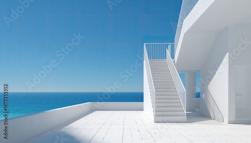 White modern architecture overlooking a tranquil ocean; a pristine staircase ascends against a vibrant blue sky