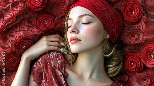 A young woman with closed eyes rests amongst a bed of red roses, adorned with a red headwrap.